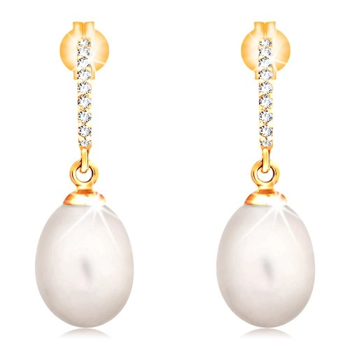 Zlaté 14K náušnice - visiaca oválna perla bielej farby, zirkónový oblúk