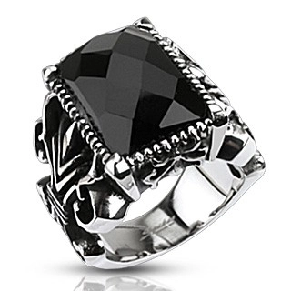 Mohutný oceľový prsteň, čierny brúsený obdĺžnik, vyrezávané ramená - Veľkosť: 65 mm