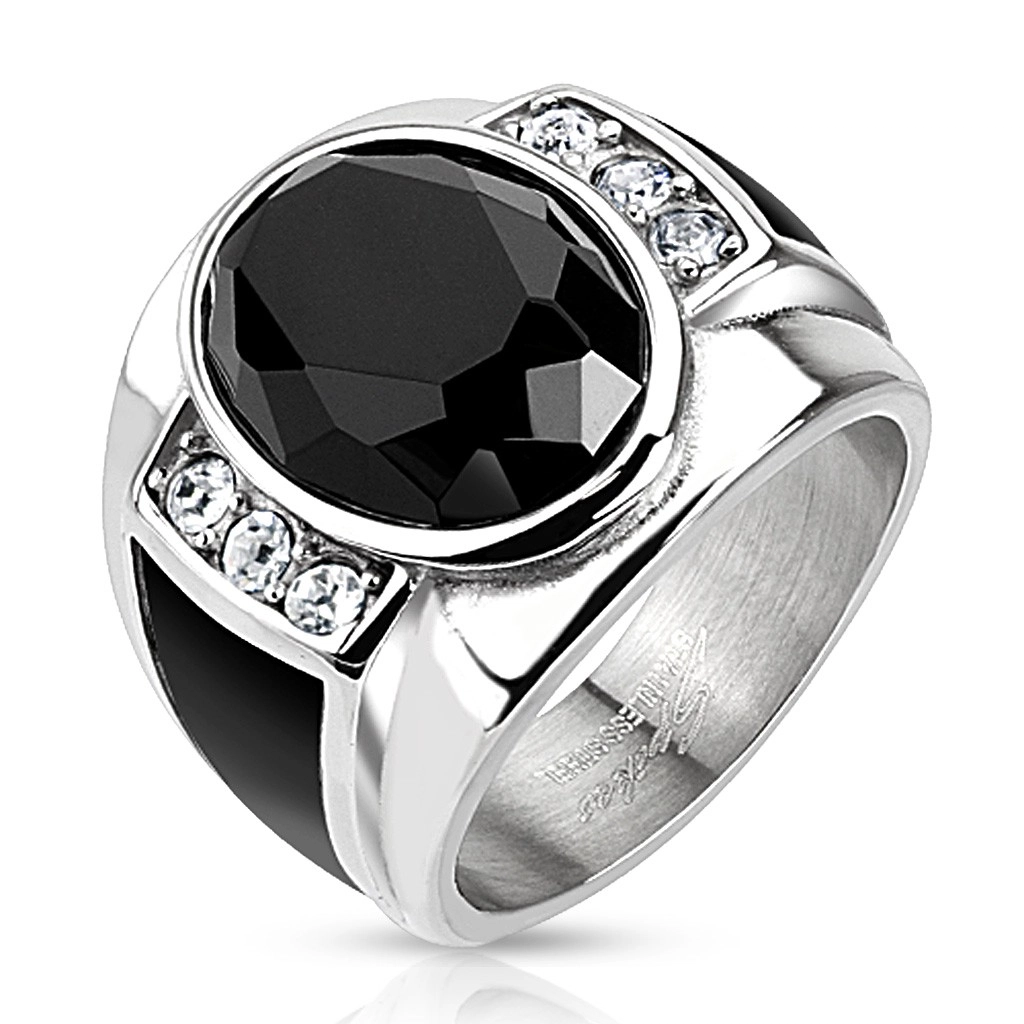 Oceľový prsteň s čiernym brúseným oválom, čírymi zirkónmi a čiernymi pásmi - Veľkosť: 69 mm