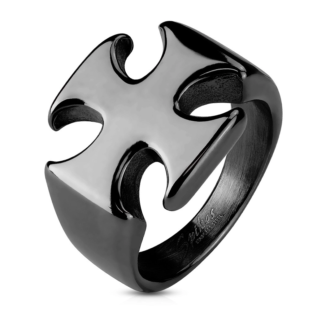 Mohutný čierny prsteň z ocele 316L, hladký lesklý maltézsky kríž - Veľkosť: 67 mm