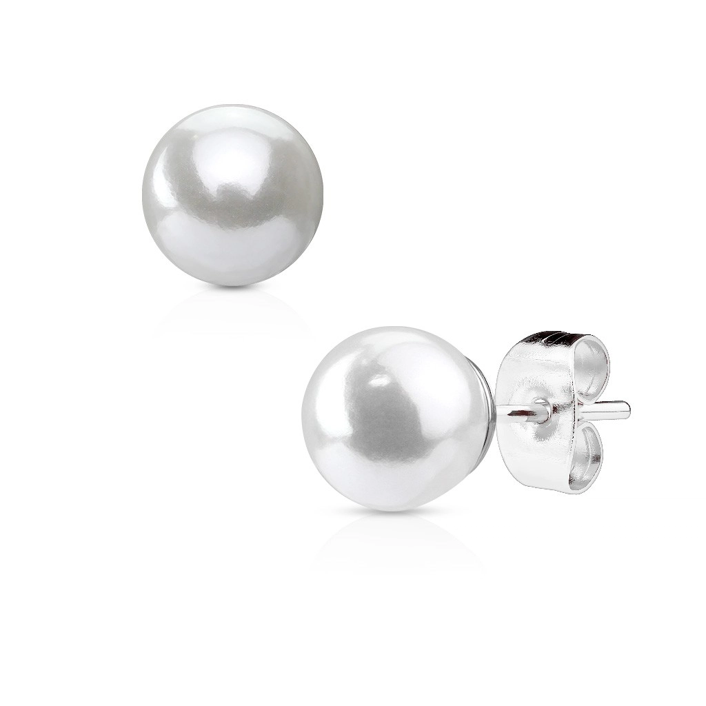 Oceľové náušnice striebornej farby so syntetickou bielou perlou - Priemer: 7 mm