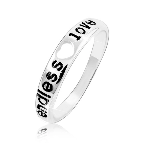 Strieborný prsteň 925, srdiečkový výrez a nápis endless love - Veľkosť: 49 mm