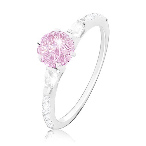 Zásnubný prsteň, striebro 925, okrúhly ružový zirkón, trblietavé ramená - Veľkosť: 64 mm