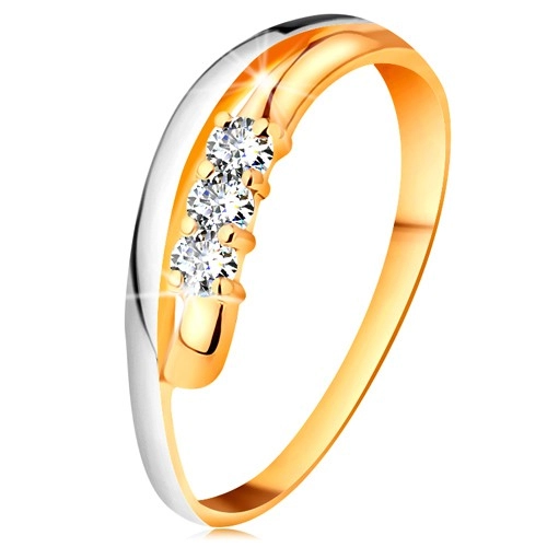 Briliantový prsteň v 18K zlate, zvlnené dvojfarebné línie ramien, tri číre diamanty - Veľkosť: 61 mm