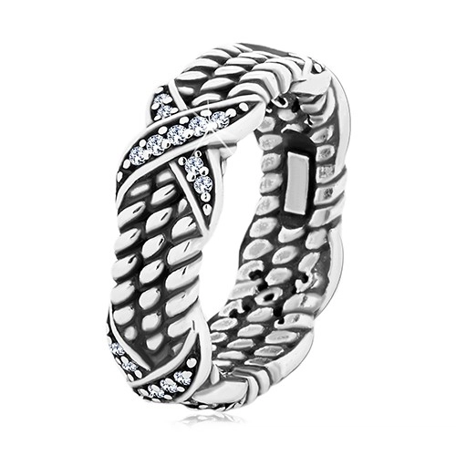 Patinovaný strieborný prsteň 925, motív točeného lana, krížiky so zirkónmi - Veľkosť: 60 mm