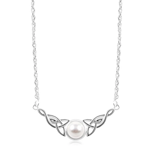 Strieborný náhrdelník 925, biela polgulička, keltské uzly po stranách