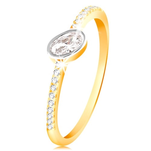 Zlatý prsteň 585 - číry oválny zirkón v objímke z bieleho zlata, zirkónové línie - Veľkosť: 52 mm