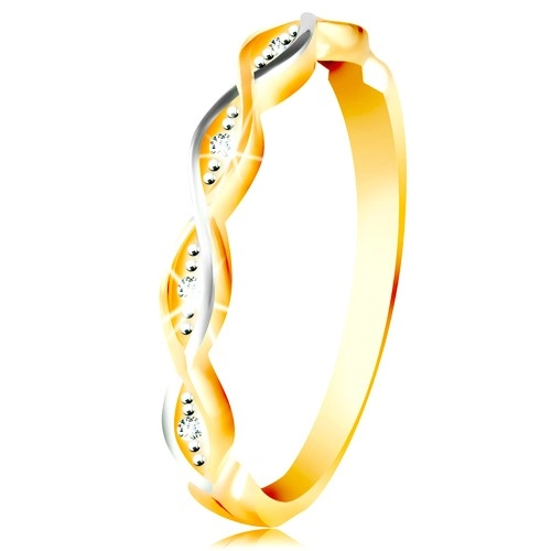 Zlatý prsteň 585 - dve tenké prepletené vlnky z bieleho a žltého zlata, zirkóny - Veľkosť: 52 mm