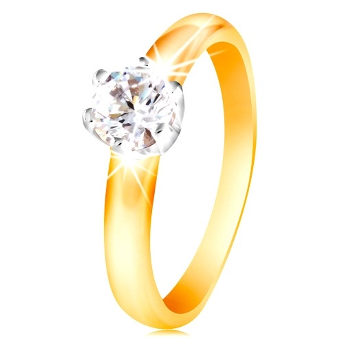 Zlatý 14K dvojfarebný prsteň - číry zirkón v šesťcípom kotlíku, vypuklé ramená - Veľkosť: 60 mm