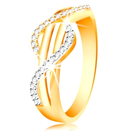 Zlatý prsteň 585 - zirkónové vlnky zo žltého a bieleho zlata, rovné hladké pásy - Veľkosť: 58 mm