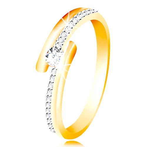Zlatý prsteň 585 - rozdvojené ramená s kombináciou bieleho zlata, vystúpený okrúhly zirkón čírej farby - Veľkosť: 55 mm