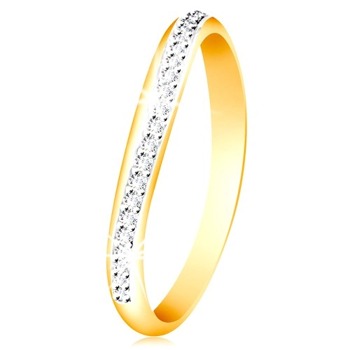 Zlatý 14K prsteň - ligotavý zvlnený pás z čírych zirkónov a bieleho zlata - Veľkosť: 58 mm
