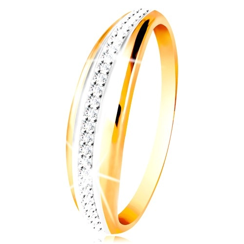 Zlatý 14K prsteň - vypuklý pás s líniou bieleho zlata a čírych zirkónov - Veľkosť: 60 mm