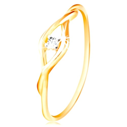 Zlatý prsteň 585 - číry okrúhly zirkón medzi dvomi tenkými vlnkami - Veľkosť: 51 mm