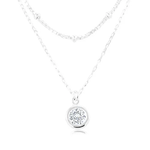 Strieborný 925 náhrdelník, dvojitá retiazka, okrúhly zirkón a drobné guľôčky