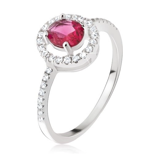 Strieborný prsteň 925 - okrúhly ružovočervený zirkón, číra obruba - Veľkosť: 56 mm