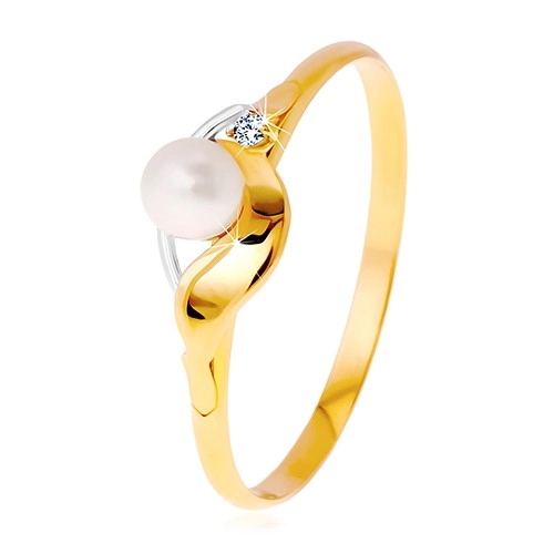 Diamantový prsteň zo 14K zlata, dvojfarebné vlnky, číry briliant a biela perla - Veľkosť: 56 mm