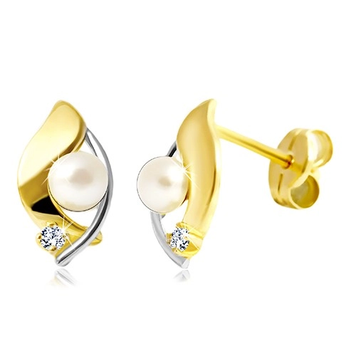Briliantové náušnice zo 14K zlata, dvojfarebné zrnko, číry briliant a biela perla