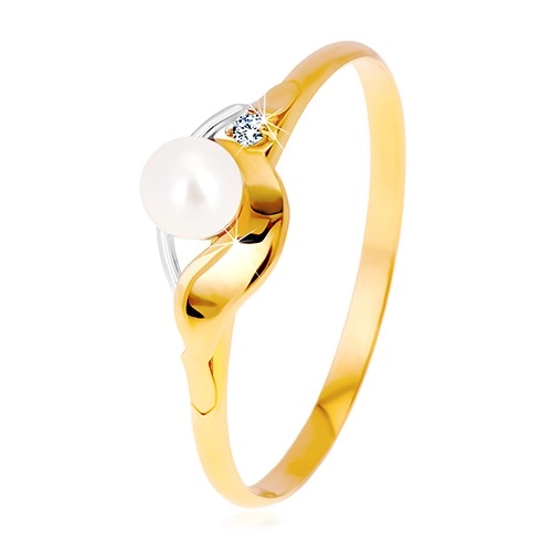 Prsteň v kombinovanom zlate 585 - zrkadlovolesklá vlnka, zirkón a perla - Veľkosť: 60 mm