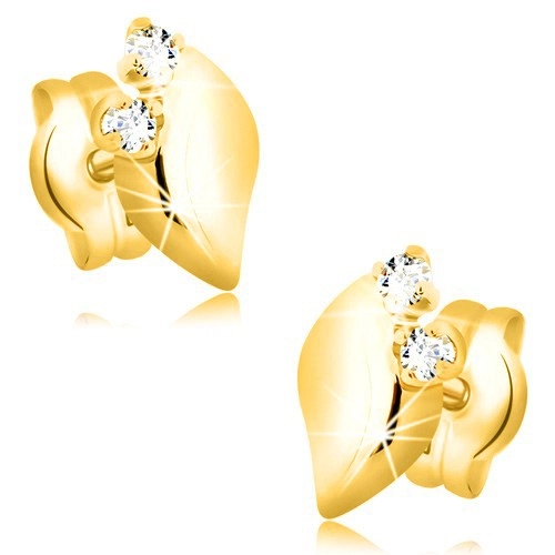 Náušnice v 14K žltom zlate - lesklý lístoček s dvomi čírymi zirkónmi