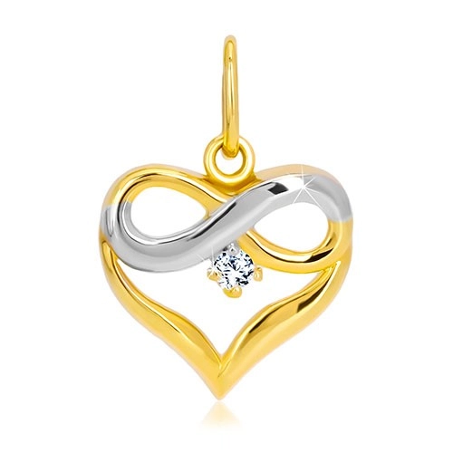 Prívesok z kombinovaného 14K zlata - kontúra srdca, symbol nekonečna, zirkón