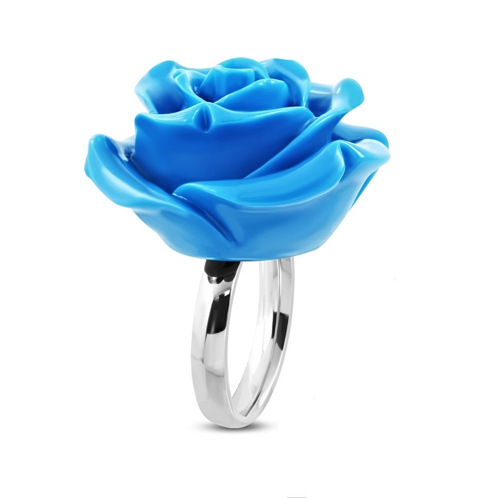 Prsteň z chirurgickej ocele - ruža v rozkvete, lesklá modrá živica - Veľkosť: 57 mm