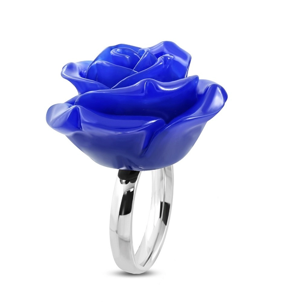 Oceľový prsteň - lesklá obrúčka a živicová ruža v tmavomodrom odtieni - Veľkosť: 49 mm