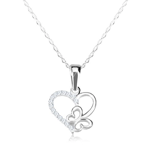 Strieborný náhrdelník 925 - jemná retiazka, kontúra srdca a motýlika, zirkóny