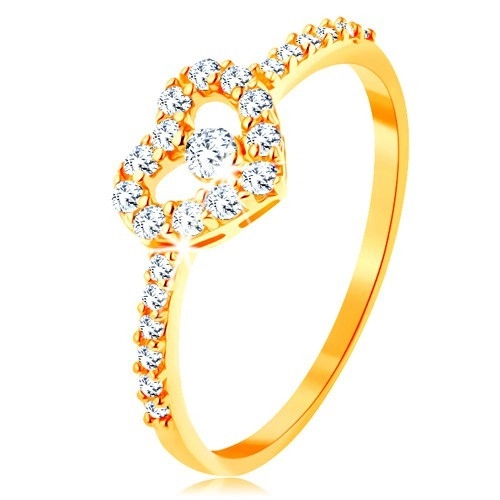 Zlatý prsteň 375 - zirkónové ramená, ligotavý číry obrys srdca so zirkónom - Veľkosť: 54 mm