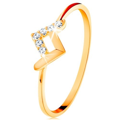 Ligotavý prsteň v žltom 9K zlate - lesklý a zirkónový zalomený pásik - Veľkosť: 52 mm