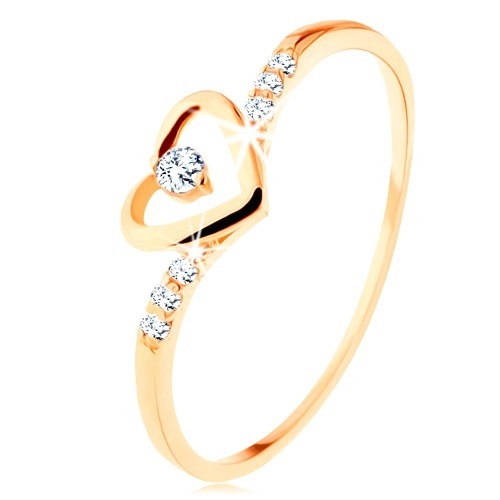 Zlatý prsteň 375, kontúra srdca s čírym zirkónikom, zdobené ramená - Veľkosť: 54 mm