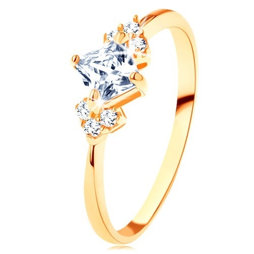 Ligotavý zlatý prsteň 375 - číry zirkónový štvorček, číre zirkóniky po stranách - Veľkosť: 52 mm