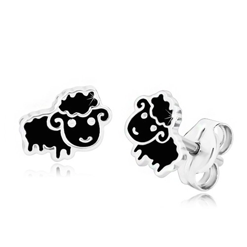 Strieborné 925 náušnice - čierna ovca zdobená lesklou glazúrou, puzetky