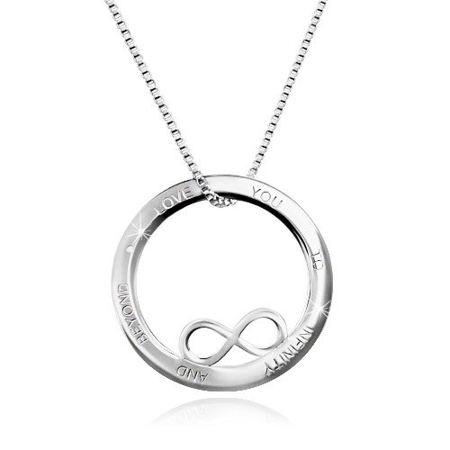 Strieborný 925 náhrdelník - kontúra kruhu so symbolom nekonečna, nápis, hranatá retiazka