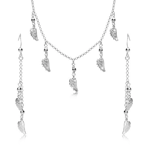 Strieborná 925 sada - náušnice a náhrdelník, anjelské krídla a guličky na retiazke