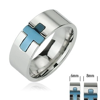 Oceľový prsteň - modrý kríž - Veľkosť: 65 mm