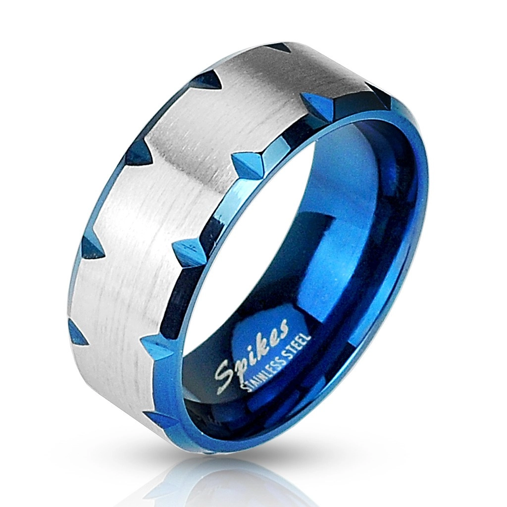 Oceľový prsteň modrý - zárezy na okraji - Veľkosť: 56 mm