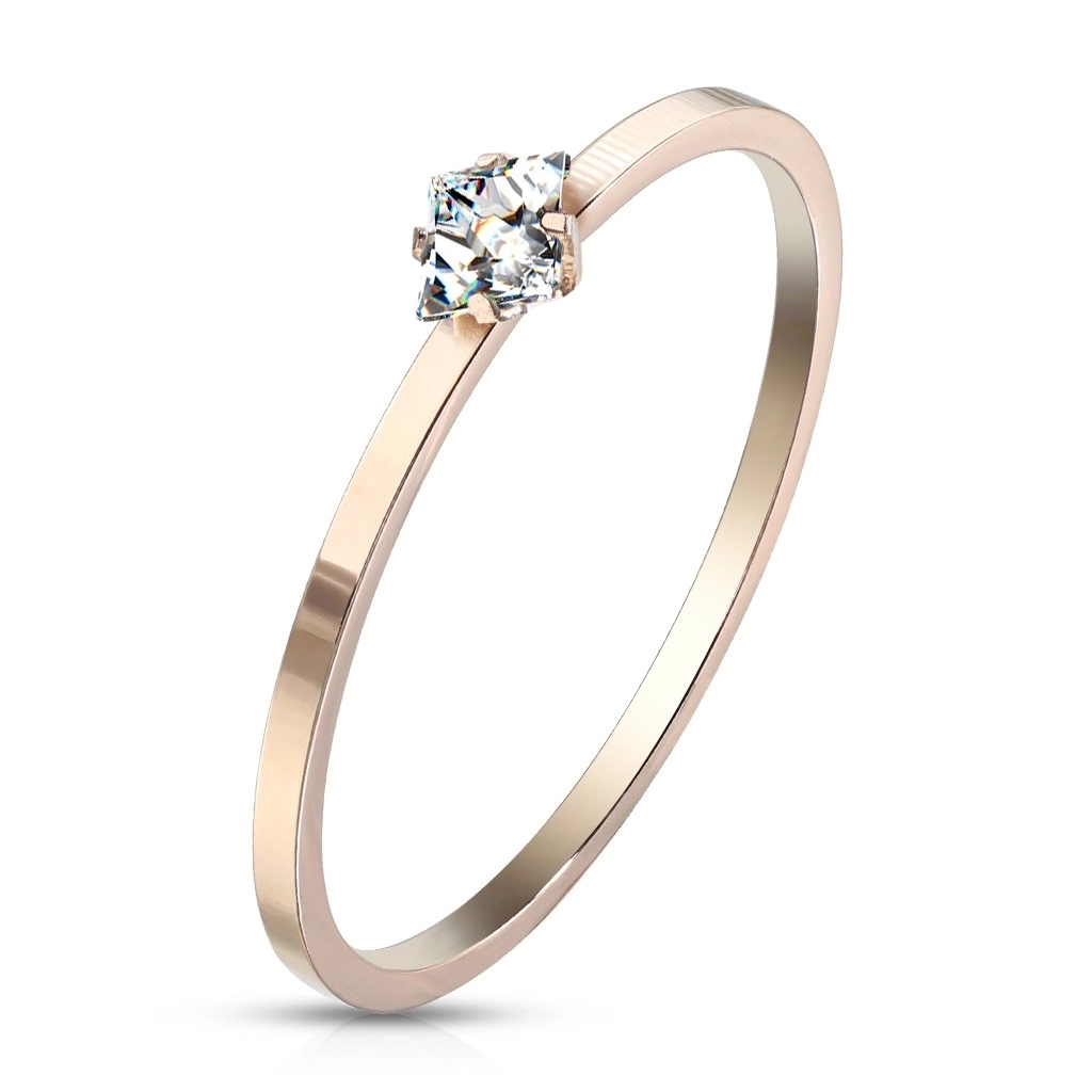 Zásnubný prsteň z ocele medenej farby - číry zirkón v tvare štvorca, lesklý povrch - Veľkosť: 49 mm