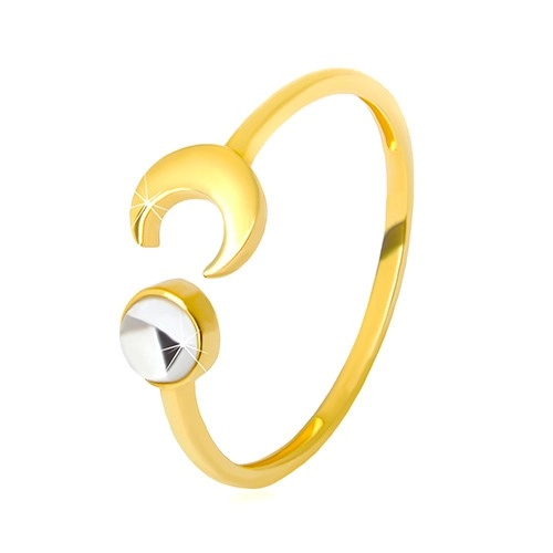 Zlatý prsteň 375 - lesklý polmesiac, číry zirkón v tvare kabošonu - Veľkosť: 58 mm