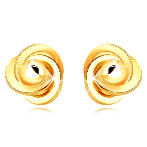 Zlaté náušnice 585 - tri prepletené prstence s hladkou guľôčkou uprostred, puzetky