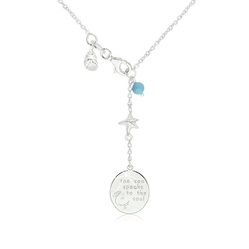 Lesklý náhrdelník zo striebra 925 - modrá gulička, hviezdica, mušľa a známka s nápisom