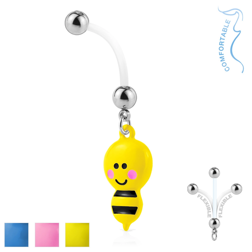Piercing do pupka z bioflexu - oceľové guličky, včielka so žihadlom - Farba piercing: Modrá