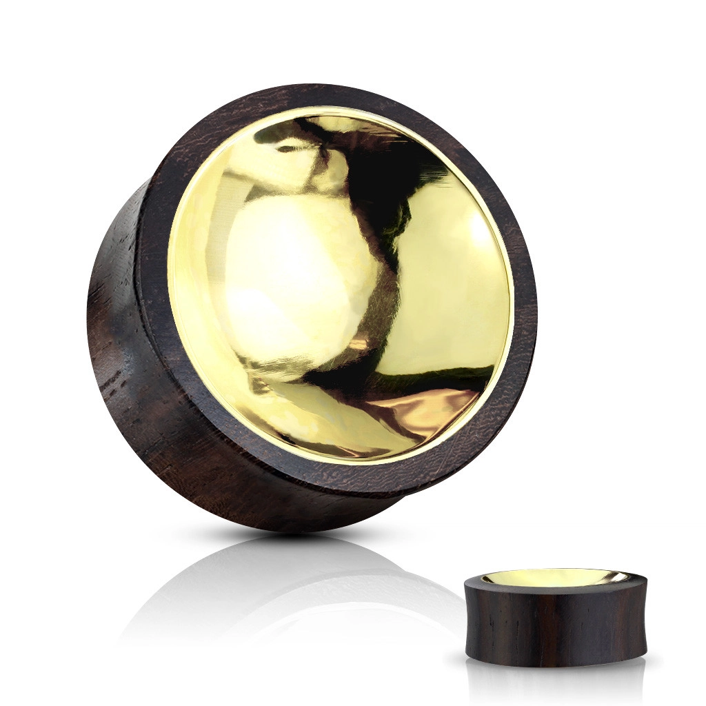 Plug do ucha z dreva Sono hnedočiernej farby - krúžok zlatej farby  - Hrúbka: 14 mm