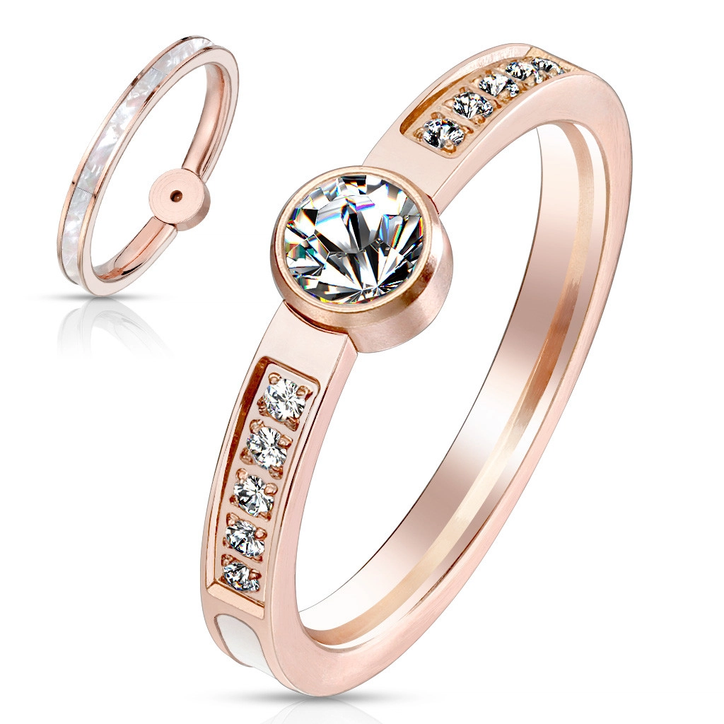Oceľový prsteň v medenom odtieni - perleťový pás, okrúhle zirkóny čírej farby, 2 mm - Veľkosť: 54 mm