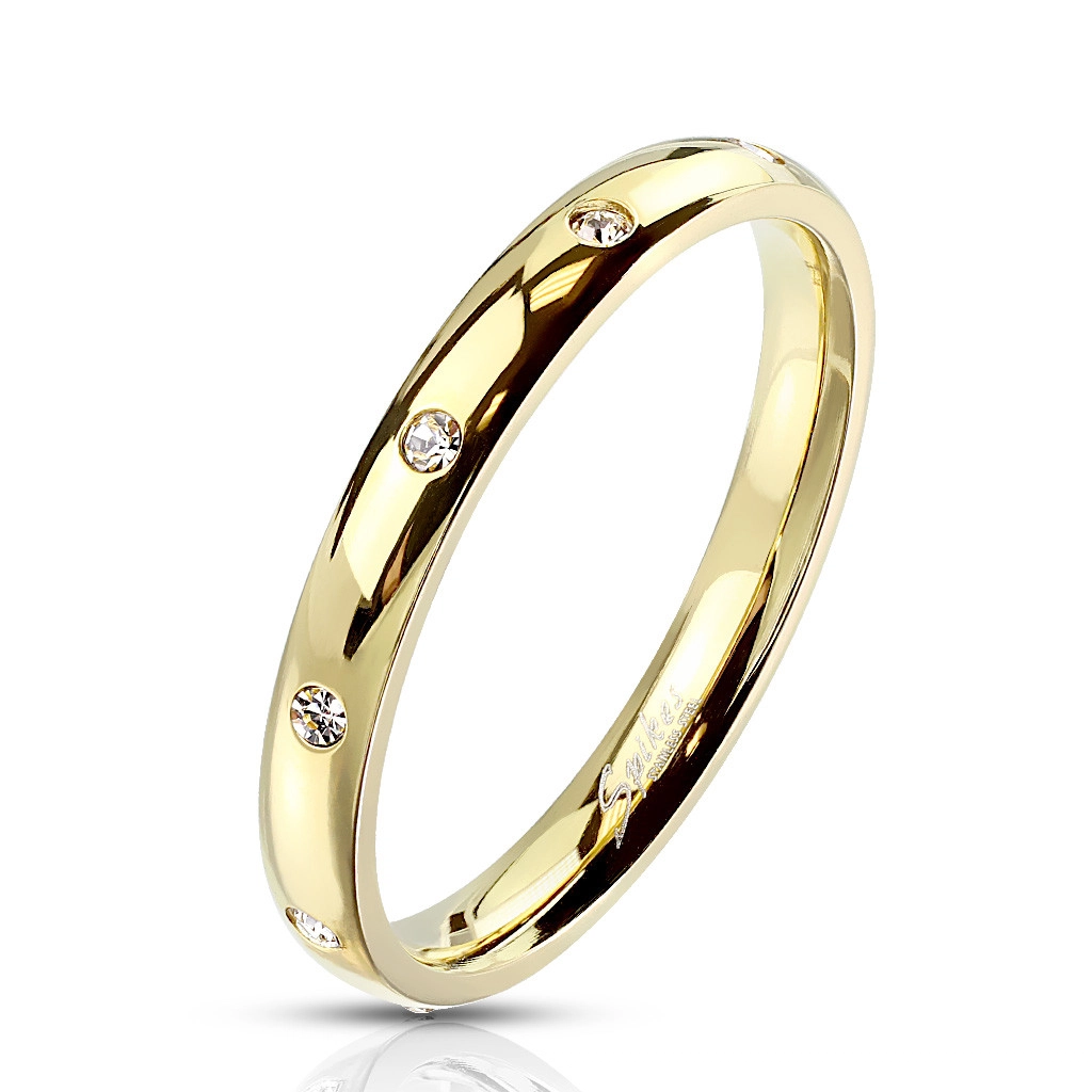 Prsteň zlatej farby z ocele - okrúhle zirkóniky čírej farby, 3 mm - Veľkosť: 60 mm