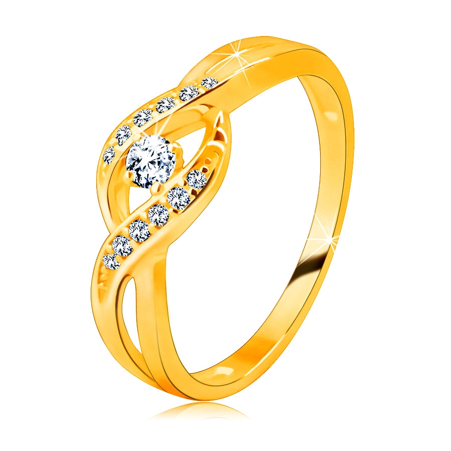 Zlatý prsteň zo 14K zlata - tenké prepletené ramená so zirkónikmi, okrúhly ligotavý zirkón  - Veľkosť: 54 mm