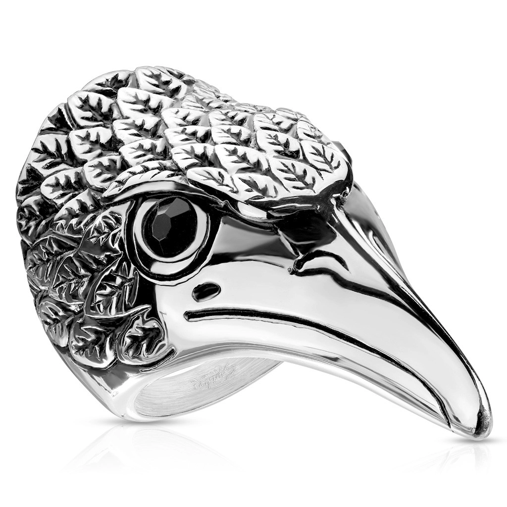 Oceľový prsteň mohutná hlava orla - čierne zirkóny, ryhované patinované perie - Veľkosť: 62 mm