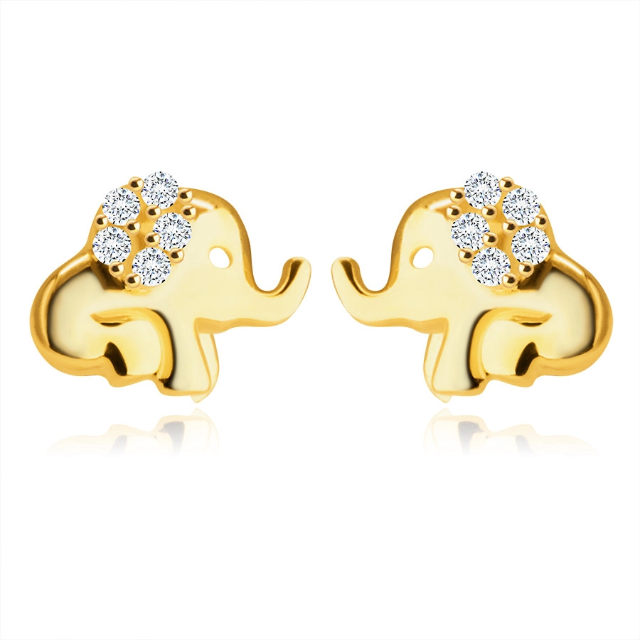 Náušnice v žltom 14K zlate - sediaci sloník s chobotom, ucho zdobené okrúhlymi zirkónmi
