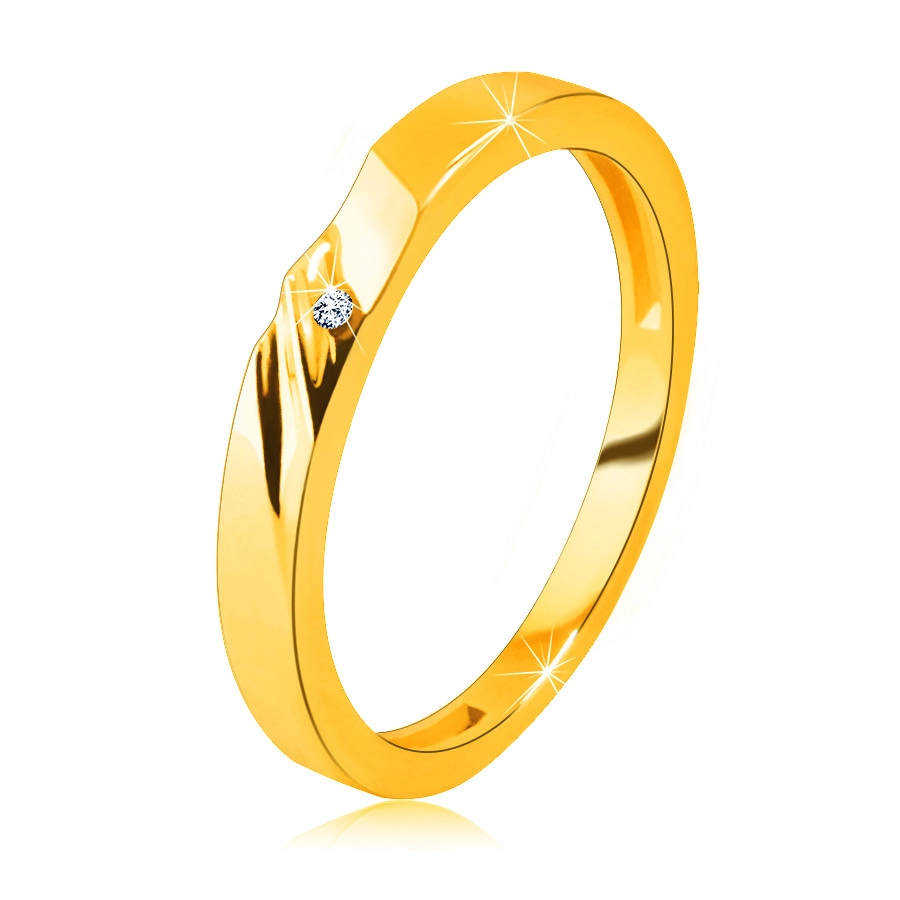 Zlatá obrúčka v 14K zlate - prsteň s jemnými zárezmi, malý zirkónik - Veľkosť: 49 mm