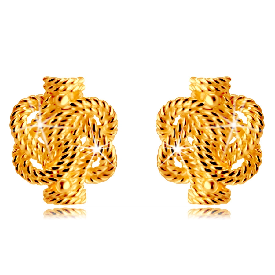 Zlaté 14K náušnice - vzájomne prepletené pruhy so vzorom lana, puzetky